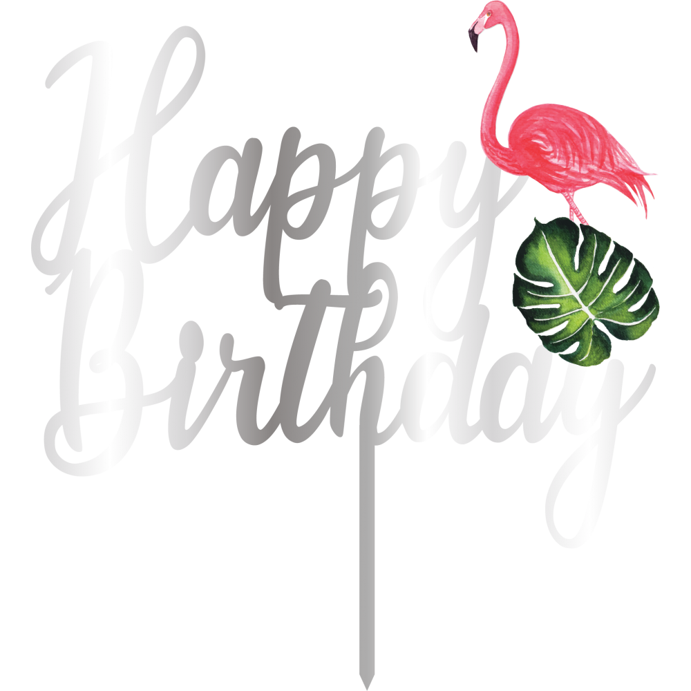ტოპერი "happy birthday" ფლამინგო, ვერცხლისფერი