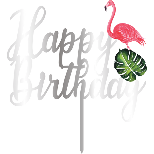 ტოპერი "happy birthday" ფლამინგო, ვერცხლისფერი